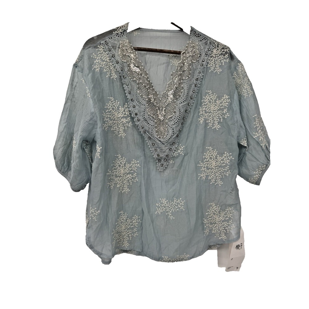Sheer Blouse‎ Blue Floral beaded rhinestone tunic cover up V-neck festival boho